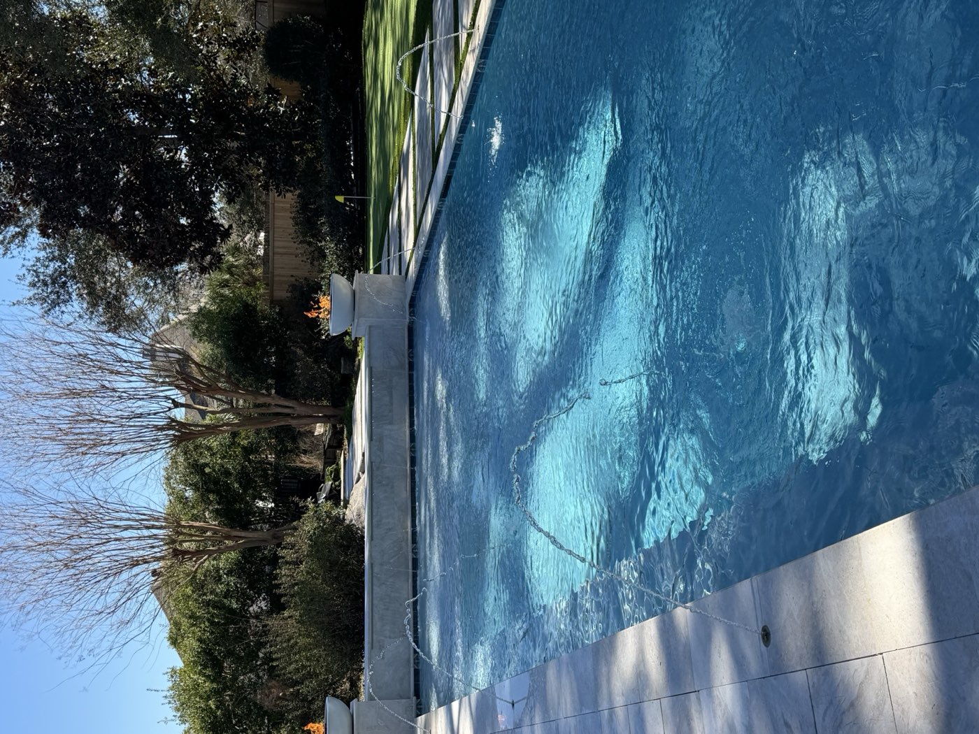 Full view of rectangular pool with deck jets and fire bowls