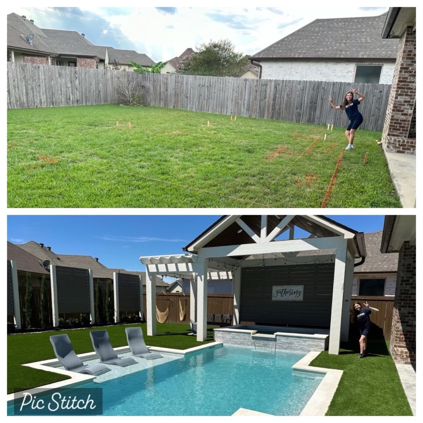 Before and after backyard transformation with pool, pavilion, and turf